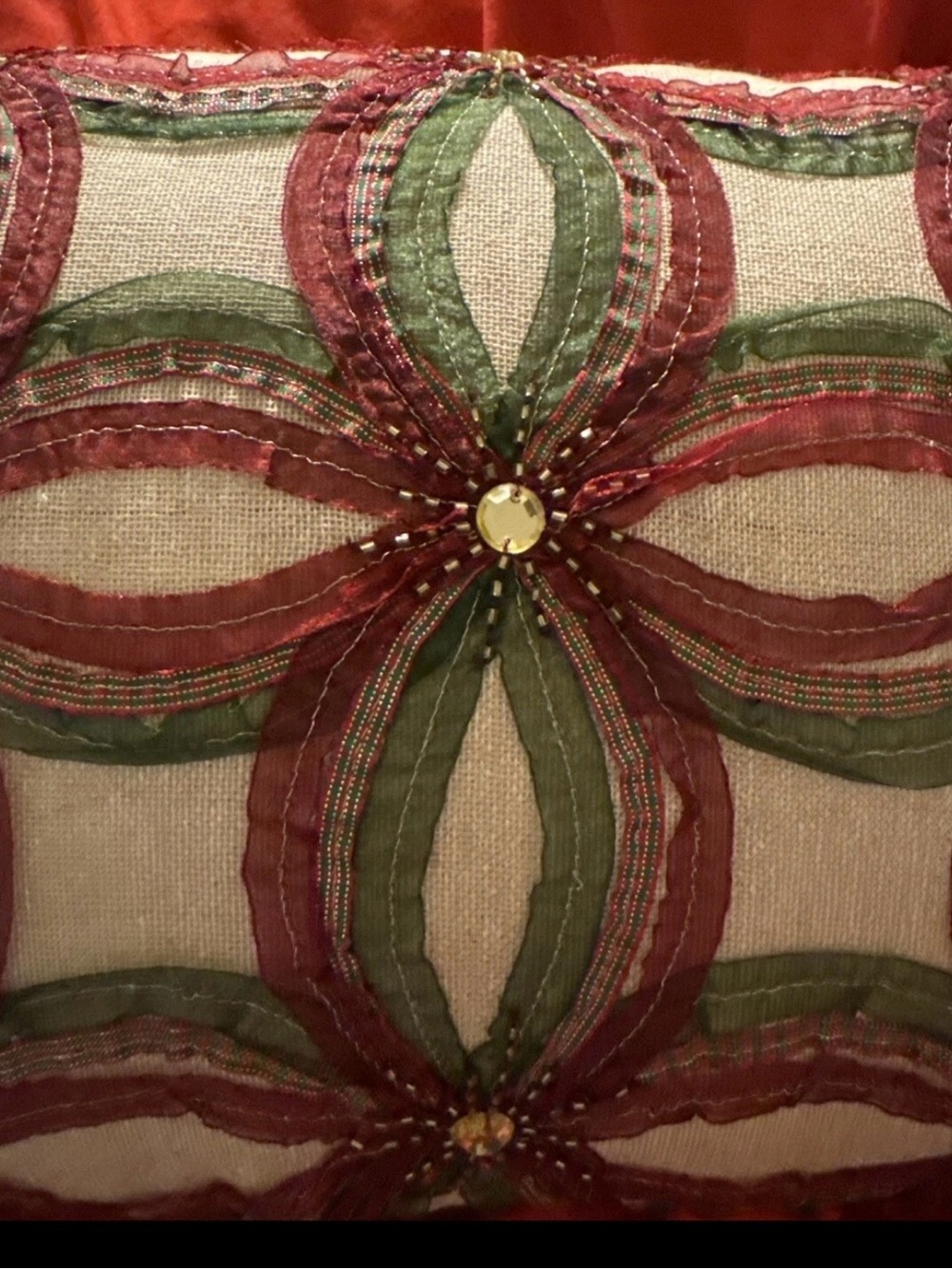 Pier 1 Imports Beaded Chiffon Ribbon Lumbar Pillow Red Green Gold Rhinestone - Picture 2 of 7